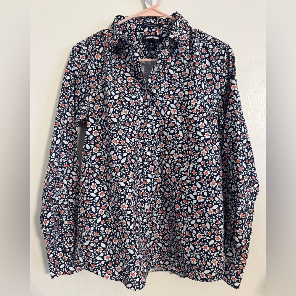 Land’s End No Iron Supima Cotton Shirt | Navy Floral | Size 4